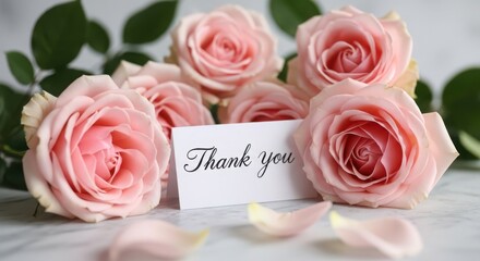 Beautiful soft pink roses with a thank you card, conveying gratitude and appreciation