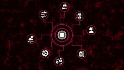 Modern technology interface with a central processing unit, cloud computing, data analysis, and customer support icons on a dark red digital background - Powered by Adobe