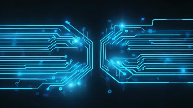 Blue Circuit Board with Glowing Light Pulses and Digital Connections

