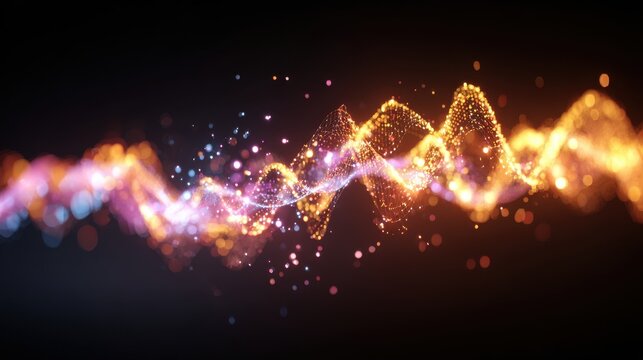 Abstract digital audio waveform with glowing particle effects