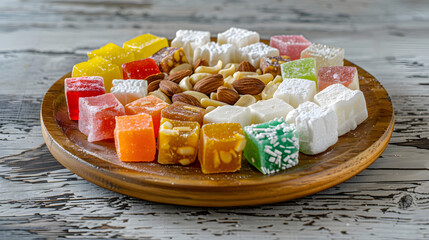 A vibrant combination consisting of Turkish delight, with colorful candies in the middle, surrounded by white chunks, dotted with almonds, placed on a wooden plate, illuminated by natural light with s