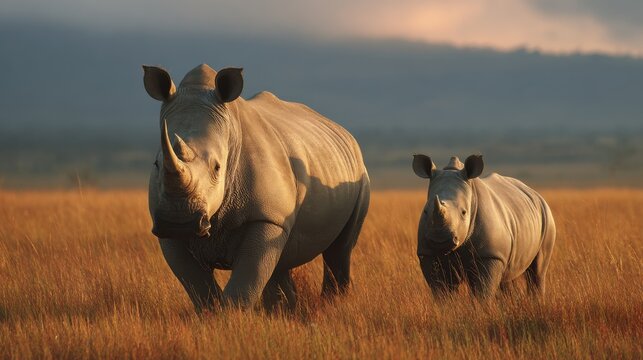 Adult and Baby Rhinoceros in Grassy Field - Powered by Adobe