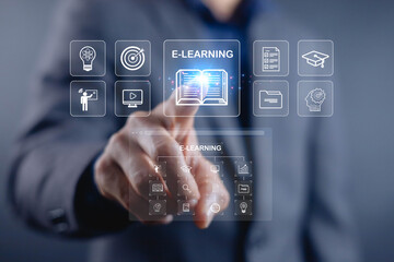 Businessman touching virtual e-learning interface with online education icons, digital training, and distance learning technology concept for modern study, innovation, and knowledge sharing.