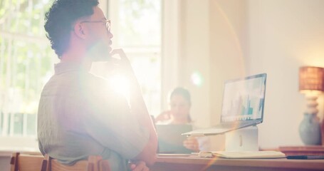 Flare, graphs or couple in home with laptop screen, performance review or campaign launch in remote work. Collaboration, wfh or analyst at table with tech, conversation or pitch for fund proposal. - Powered by Adobe