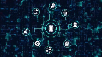 Advanced technology interface with a central processing unit, cloud computing, data analysis, and customer support icons on a dark red digital background - Powered by Adobe