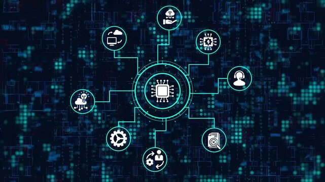 Advanced technology interface with a central processing unit, cloud computing, data analysis, and customer support icons on a dark red digital background - Powered by Adobe