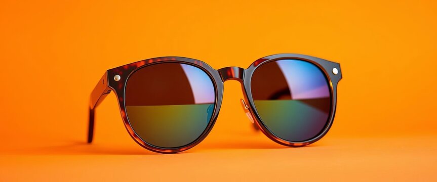 Stylish sunglasses, vibrant orange background,  classic,  visual