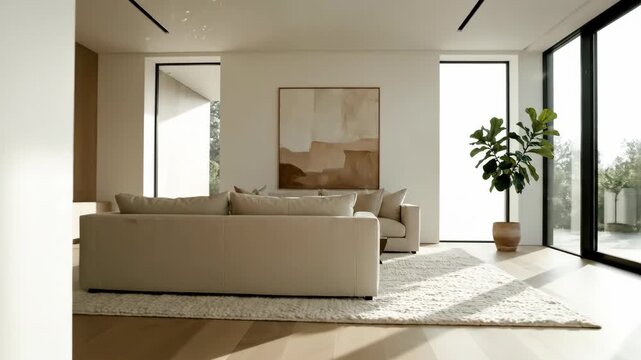Dynamic camera glide revealing a sundrenched elegant modern living room with minimalist interior design.