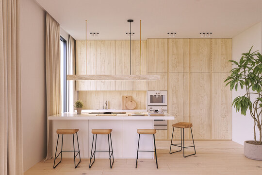 Minimalist natural wood kitchen with island seating