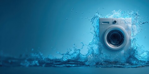 Washing Machine in Aqua Splash: A pristine washing machine is embraced by a vibrant, aquatic burst, its sleek design highlighted against the refreshing backdrop of a fluid ocean