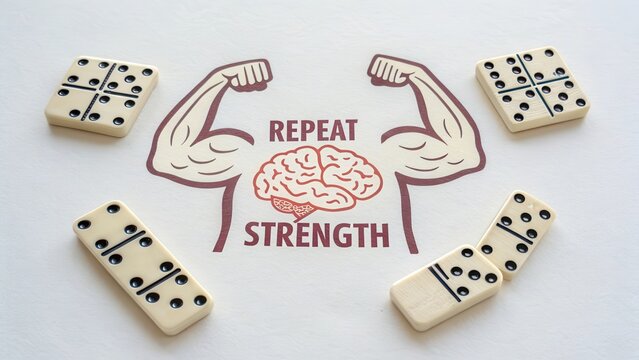 Domino pieces arranged as an arm holding a brain