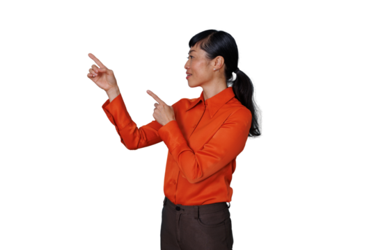 Asian woman in orange shirt pointing presenting new ideas information advertising marketing transparent