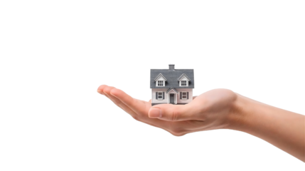 Minimal Close-Up Hand Holding Tiny House Model on Transparent Background Representing Trust and Home Security