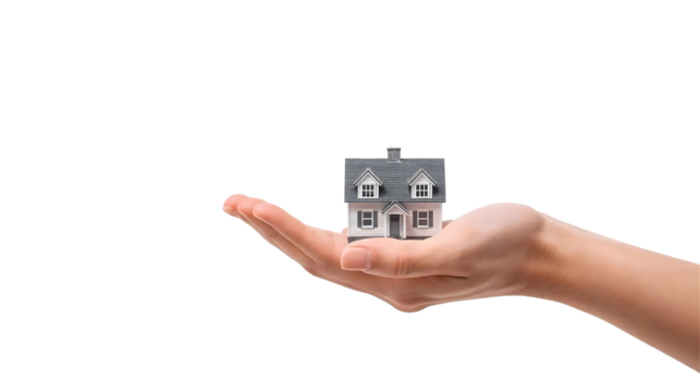 Minimal Close-Up Hand Holding Tiny House Model on Transparent Background Representing Trust and Home Security - Powered by Adobe
