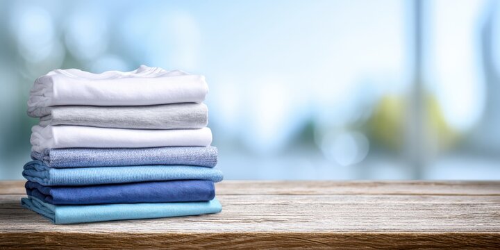 Freshly Folded Linen Stack: Neat stack of folded linen in varying shades of blue, sitting on a wooden surface in front of a blurred background. 