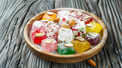 A vibrant combination consisting of Turkish delight, with colorful candies in the middle, surrounded by white chunks, dotted with almonds, placed on a wooden plate, illuminated by natural light with s