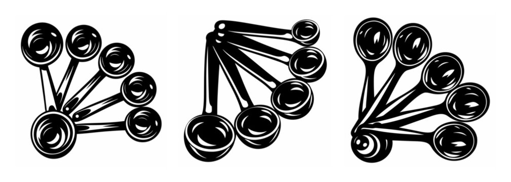 Set of measuring spoons in different arrangements showcasing baking and cooking accuracy tools