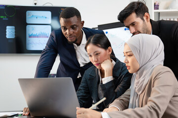Naklejka premium team of multiethnic colleague discuss budget performance planning, sharing idea for cost reduction, business people man woman diverse employee coworker in formal suit meeting in finance office