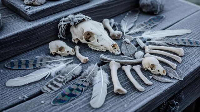 Man arranging frosted animal skulls, bones, and feathers on a wooden surface for a ritualistic Yule or pagan winter display.