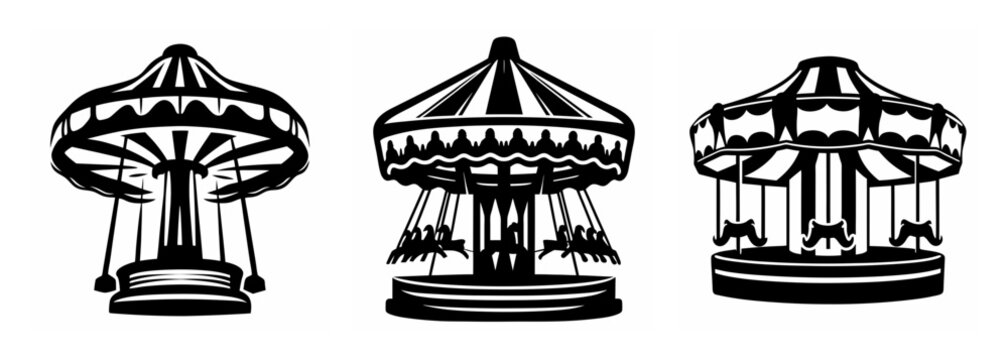 Three ornate carousel attractions featuring striped canopies and detailed column structures