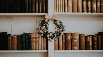 a simple wreath made of greenery with oranges and a pink bow
