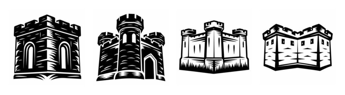 Collection of four distinct fortress architectural line drawings showing historic defensive structures