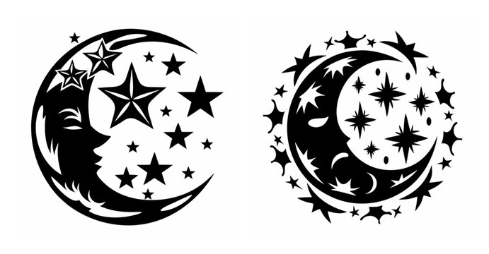 Whimsical crescent moons adorned with stars and celestial faces evoke night sky wonder