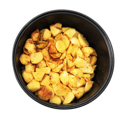 An overhead view of diced yellow potatoes tossed with seasoning and oil inside the non-stick insert of a multi-cooker.PNG