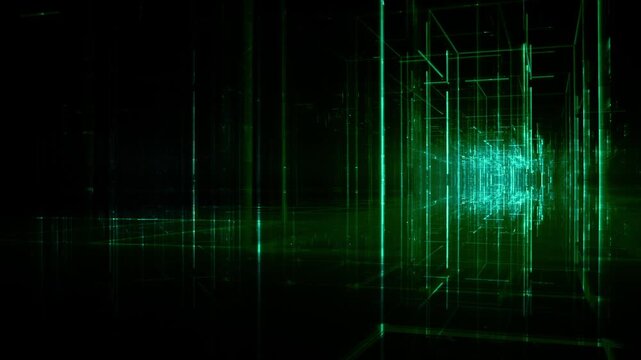 Leuchtende gitterf&ouml;rmige Geometrie f&uuml;r Technologie, Energie, Produktion & Datentransfer &ndash; moderne Architektur, Planung & Sicherheit visualisiert, gr&uuml;n
