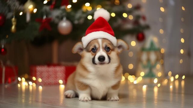 Ein niedlicher Corgi-Welpe sitzt unter einem festlich geschm&uuml;ckten Weihnachtsbaum