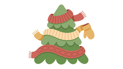 Festive Winter Tree: A whimsical winter scene featuring a decorated evergreen tree adorned with colorful scarves and gloves, ready to embrace the chilly season.