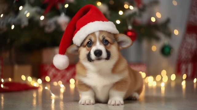 Ein niedlicher Corgi-Welpe sitzt unter einem festlich geschm&uuml;ckten Weihnachtsbaum
