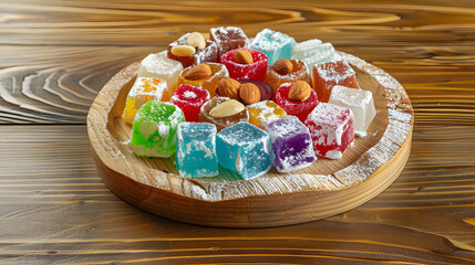 A vibrant combination consisting of Turkish delight, with colorful candies in the middle, surrounded by white chunks, dotted with almonds, placed on a wooden plate, illuminated by natural light with s