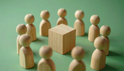 Wooden figurines forming circle around wooden cube. Unity and collaboration, teamwork, community