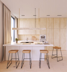 Minimalist bright kitchen with natural wood accents