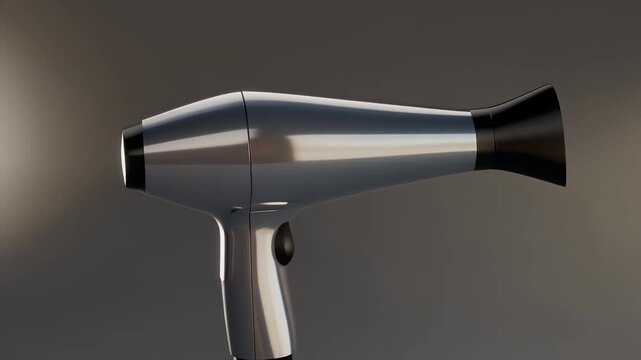 Sleek professional chrome hairdryer rotating on studio gradient background