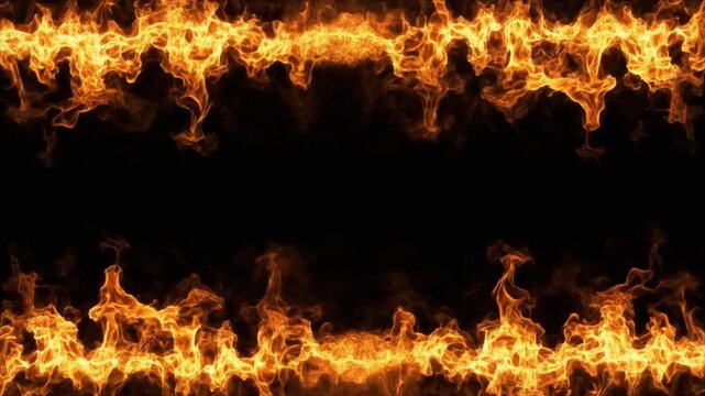 Vibrant abstract fire flames border with dark space in the middle for text or graphics
