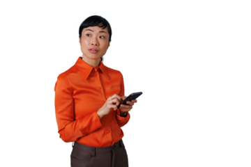 Asian woman looking away while holding smartphone, thinking, contemplating idea, transparent background