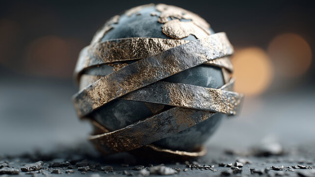 Globe restrained by metal bands symbolizing economic pressure and challenges