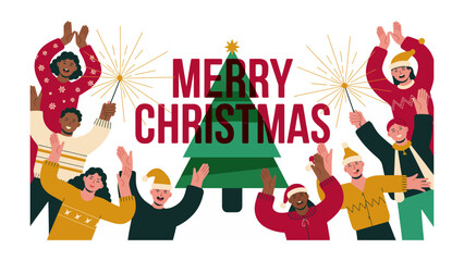 Joyous Christmas Celebration: A festive illustration depicts a diverse group of individuals joyfully celebrating Christmas.