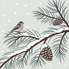 A charming winter scene featuring a bird perched on a snowladen pine branch adorned with pinecones, set against a backdrop of gentle snowfall, creating a cozy and festive atmosphere