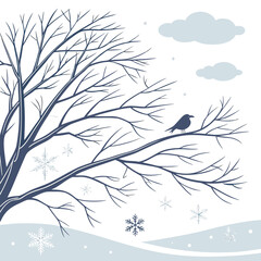 A tranquil winter illustration features a bare tree with a bird perched on a branch, snowflakes gently falling, and soft clouds in the sky, evoking a peaceful scene