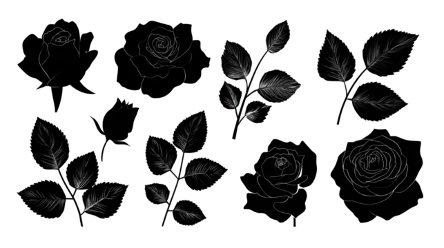 A series of intricately designed roses and leaves displayed in a symmetrical arrangement.