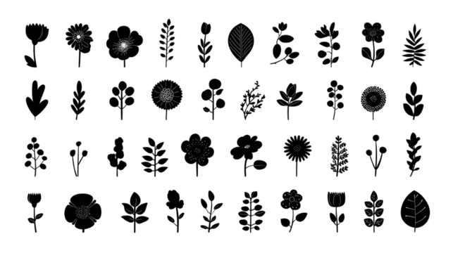 A collection of hand-drawn flower and leaf illustrations in various styles and shapes, showcasing botanical diversity and artistic design.