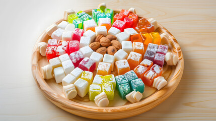 A vibrant combination consisting of Turkish delight, with colorful candies in the middle, surrounded by white chunks, dotted with almonds, placed on a wooden plate, illuminated by natural light with s