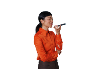 Asian woman sending voice message on smartphone, using mobile application for communication and networking, transparent background