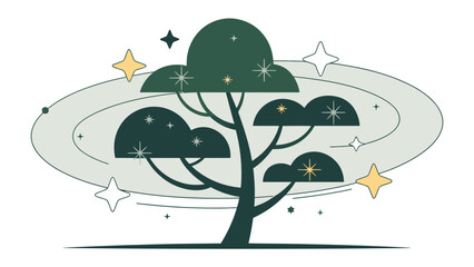 Cosmic Tree: An abstract illustration of a tree reaching towards the cosmos, with stars, and a planetary ring. Symbolizing growth and the connection between nature and the universe. © Ajhar234