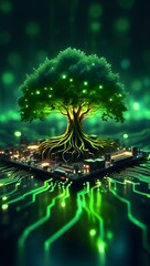 Generative AI illustration of digitally created image of tree with foliage growing from a circuit board illustrating the concept of technology