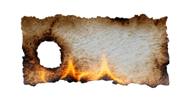 A piece of burnt paper with charred edges and a distinct flame pattern, highlighting textures and colors of the burnt material.