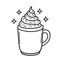 Whimsical line art drawing of a delicious hot beverage with whipped cream and sparkles